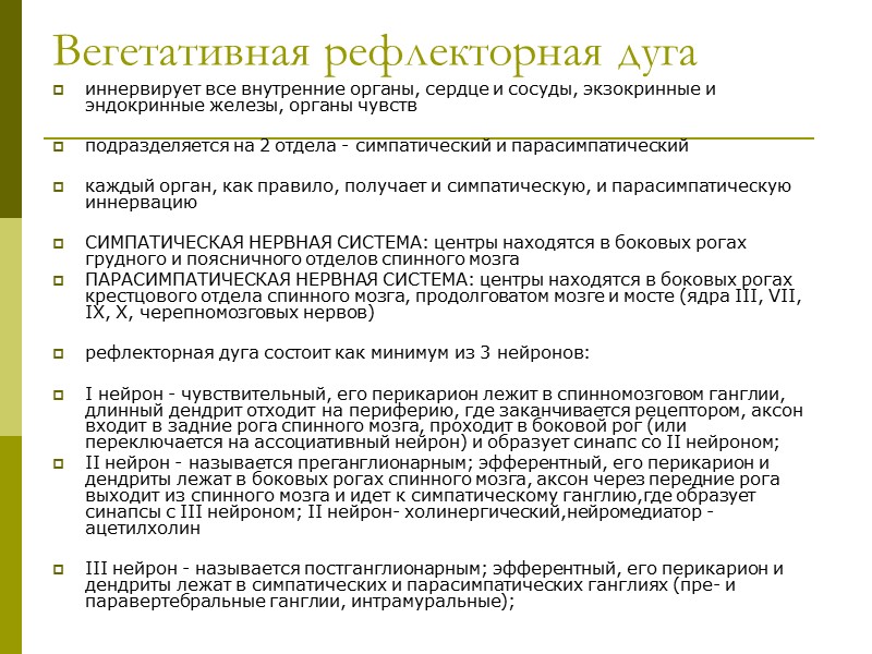Вегетативная рефлекторная дуга  иннервирует все внутренние органы, сердце и сосуды, экзокринные и эндокринные